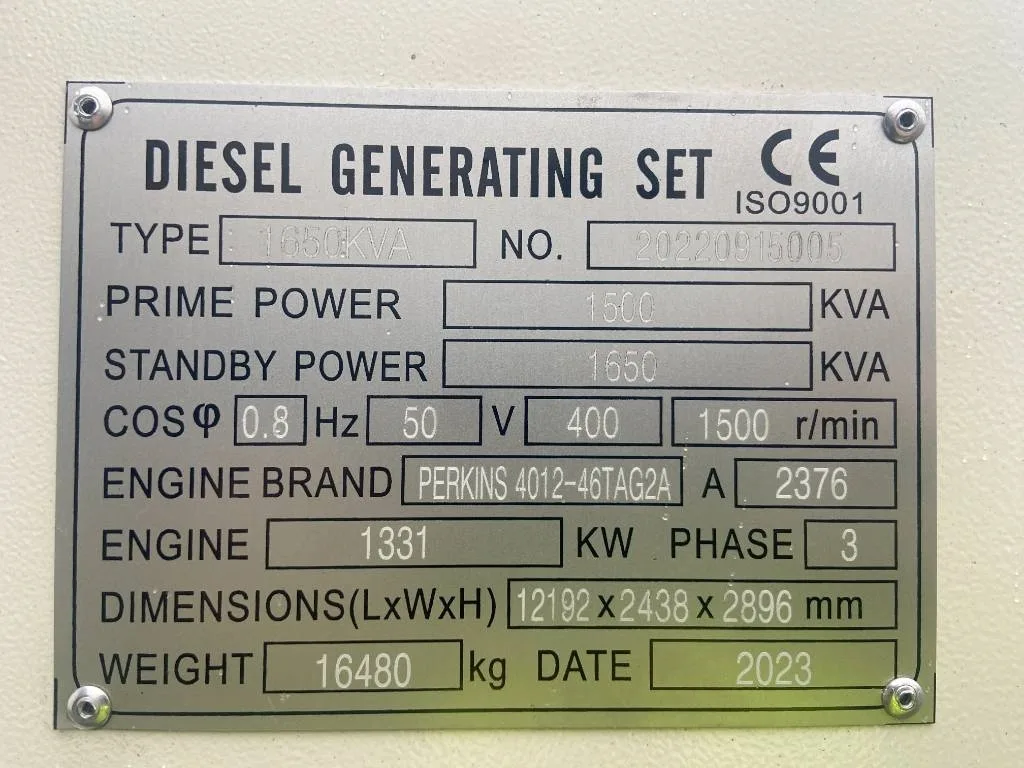 Groupe électrogène diesel Perkins 1 650 kVA triphasé – 4012-46TAG2A — vue 3